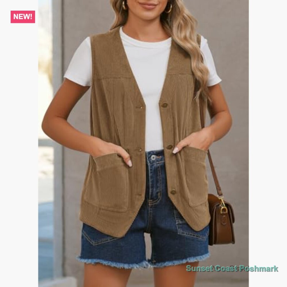Corduroy Vest Button Down Waistcoat Sleeveless Jacket Casual Outerwear - Picture 3 of 7